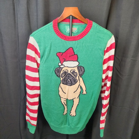 Ugly Christmas Sweater Sweaters - Ugly Christmas Sweater Santa Pug with Hat Womens Medium Green Red Long Sleeve